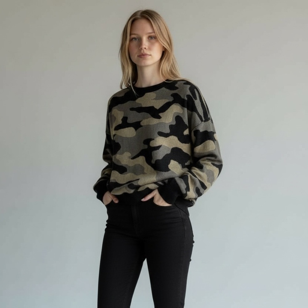 Isaac Mizrahi Green and Black Camo Pullover Knit Crewneck Sweater